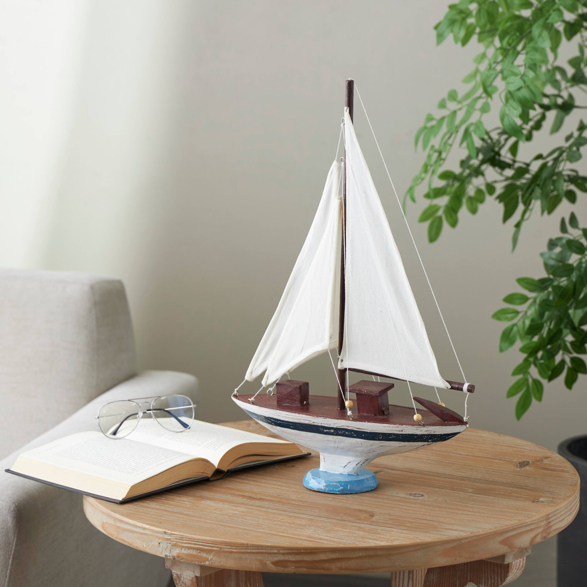 21" White Distressed Sail Boat Sculpture